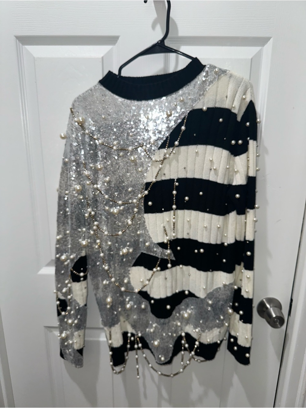 AKIRA Black & White Striped Sequin Pearl Sweater